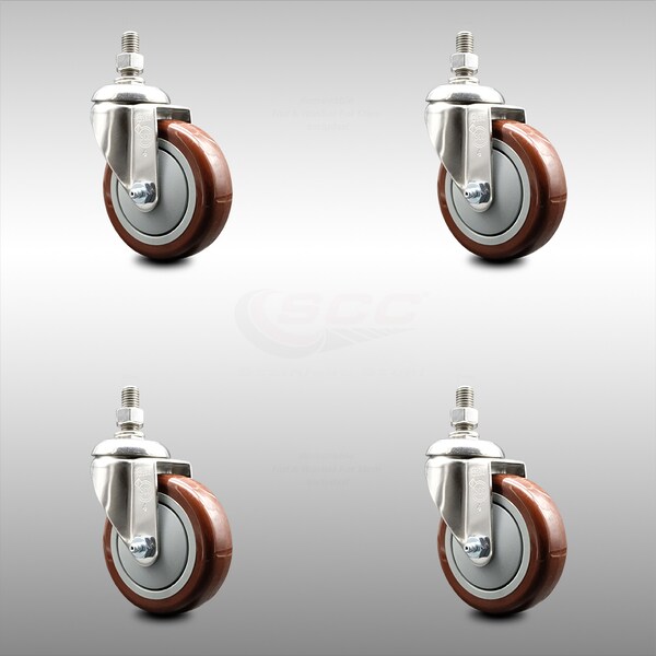 Service Caster 4 Inch 316SS Maroon Polyurethane Wheel Swivel 12mm Threaded Stem Caster Set SCC-SS316TS20S414-PPUB-MRN-M1215-4 - main